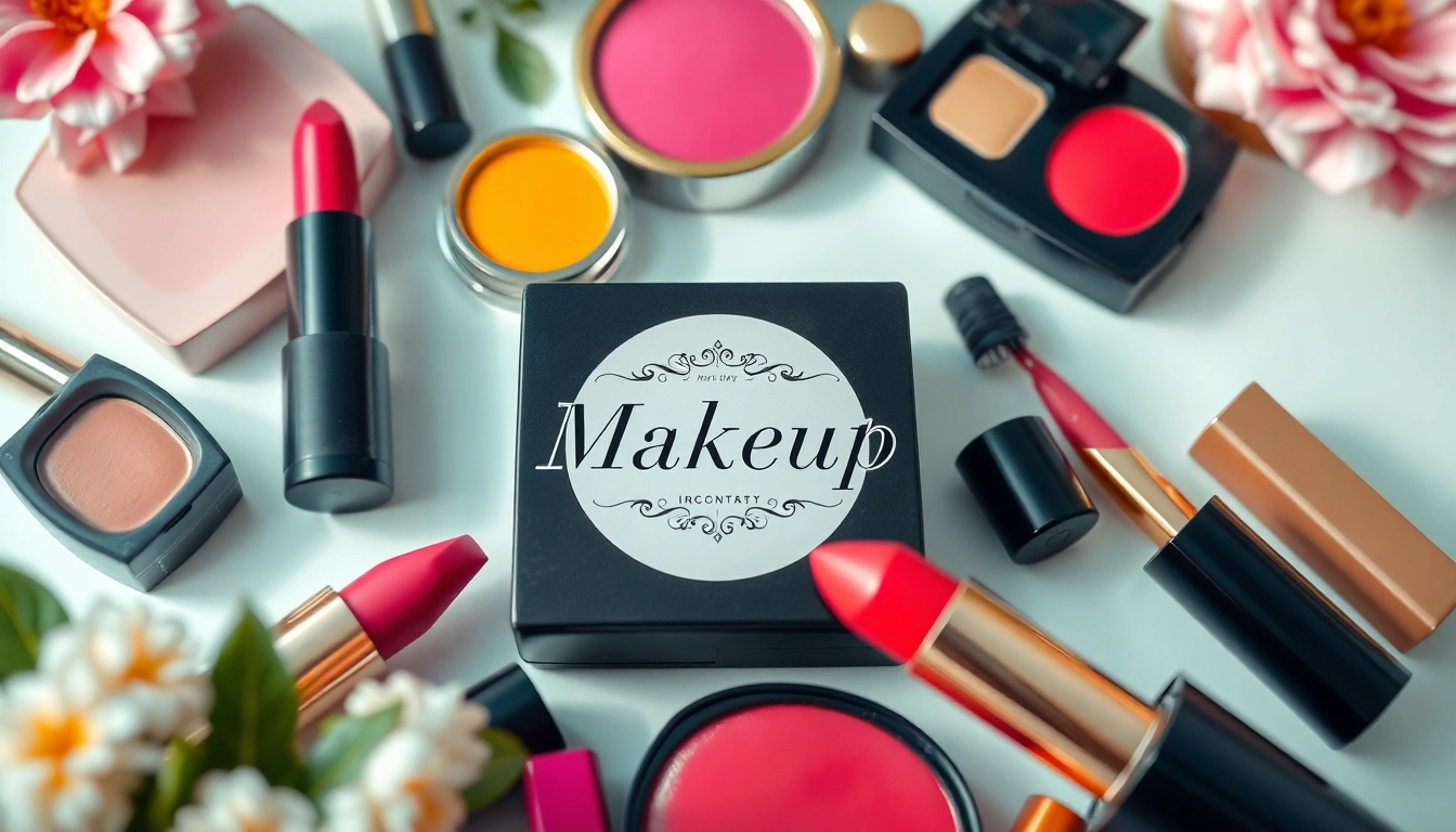 Create a vibrant makeup label in a stylish arrangement of colorful cosmetics.