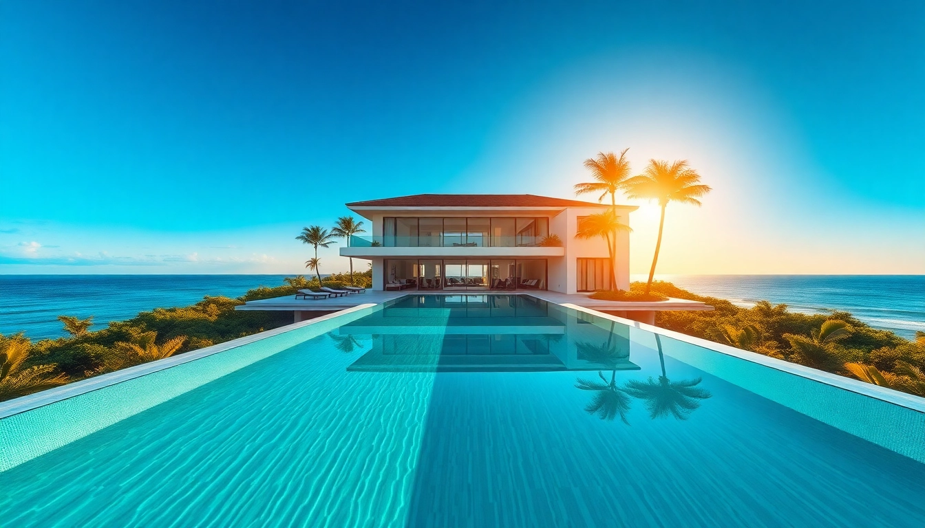 Explore luxurious international real estate with a stunning villa and ocean view.