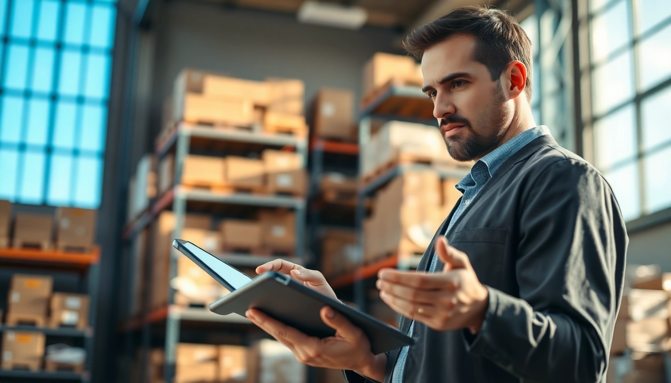 Manage Inventory effectively with a focused warehouse manager analyzing data on a tablet.