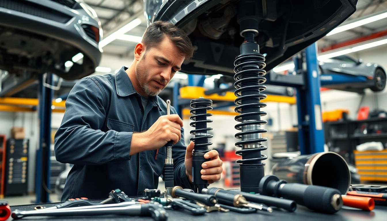 Mechanic servicing Taller amortiguadores in a modern workshop with tools and equipment.