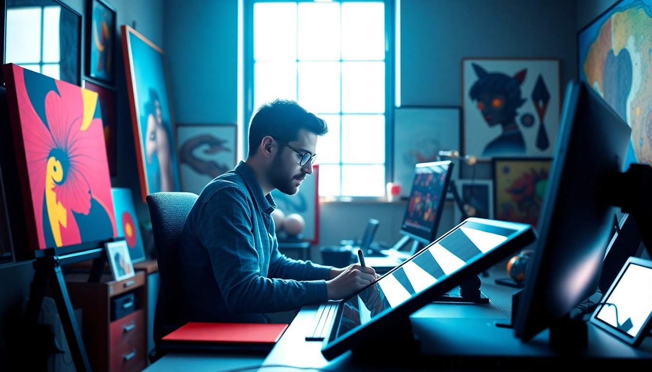 Generate images using the midjourney api in a professional artist's vibrant studio.