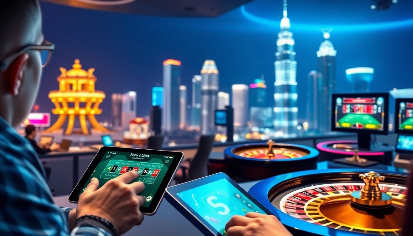 Engaging experience at a Trusted Online Casino Malaysia 2025 showcasing popular games and vibrant city lights.