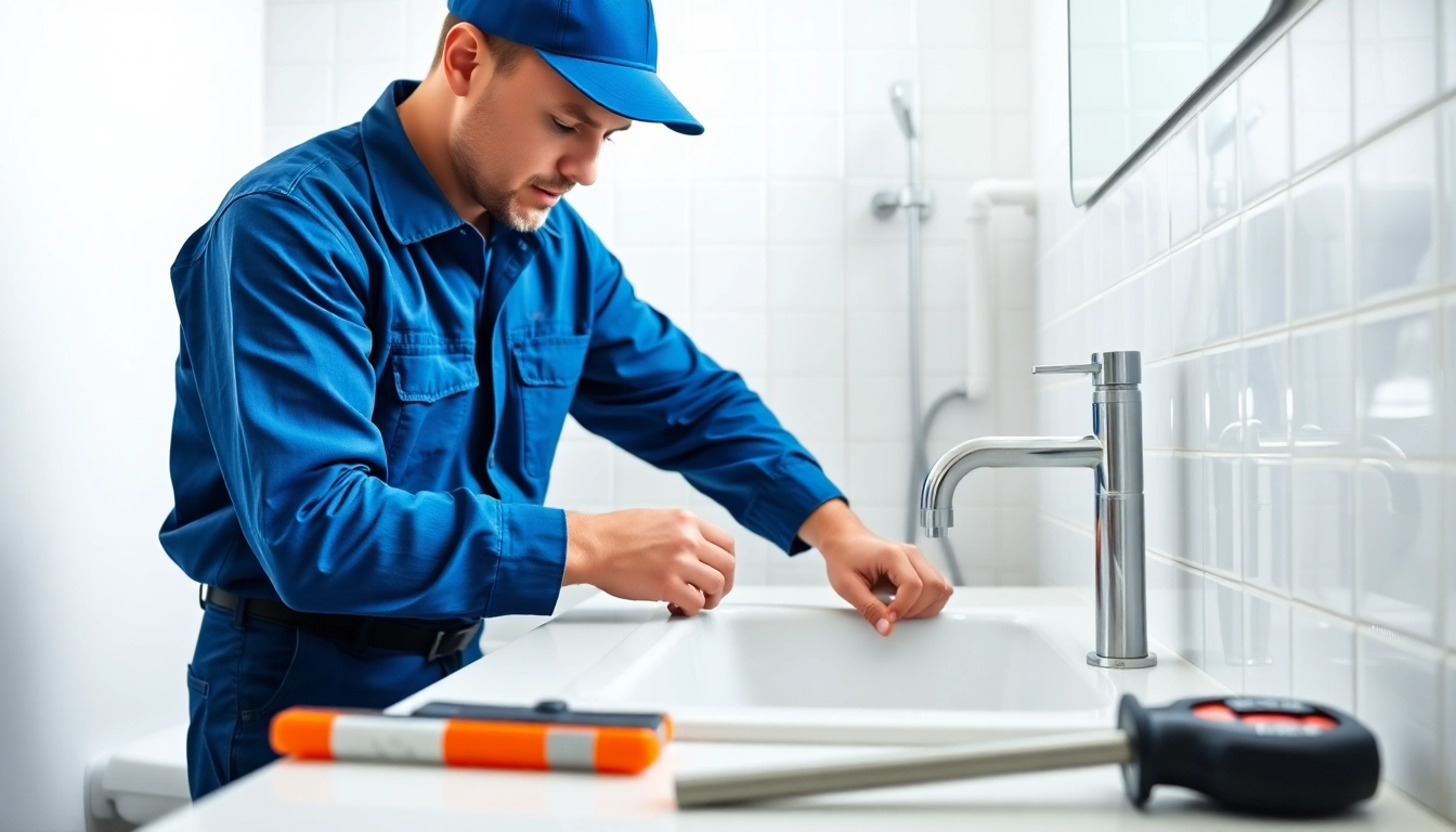 Efficient Plumber Sydney repairing a sink in a bright, modern bathroom.