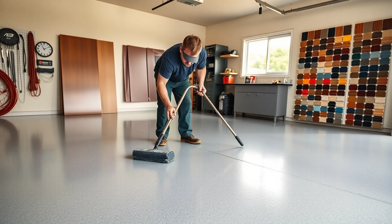 Elevated view of Garage Floor Coating Minneapolis applied by a technician in a residential garage.