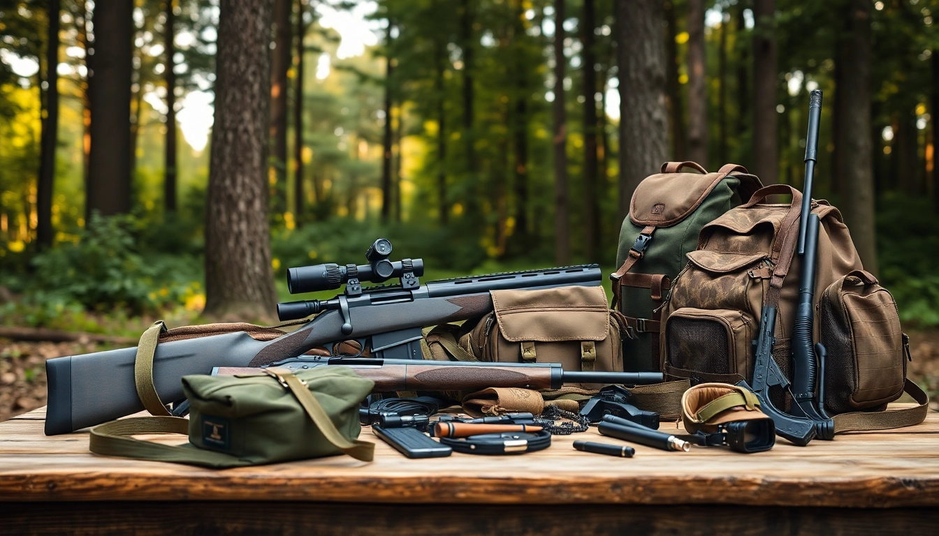Explore hunting gear wholesale with high-quality products arranged in a scenic outdoor setting.