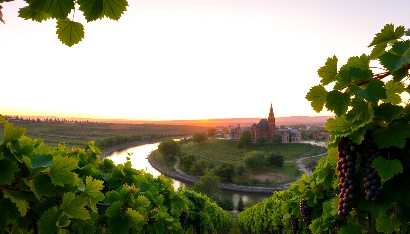 Stunning landscape of Clarksburg, CA with vineyards and Sacramento River at sunset