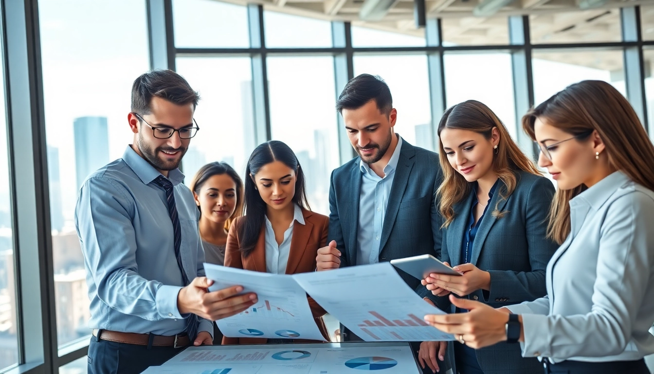 Analyze competitive intelligence strategies with a professional team in a modern office setting.
