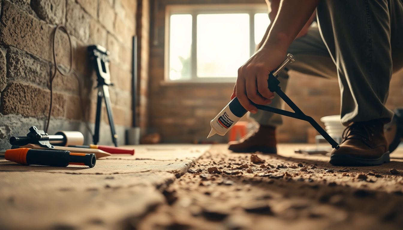 Expert foundation crack repair geneva with a technician sealing cracks in a bright basement.