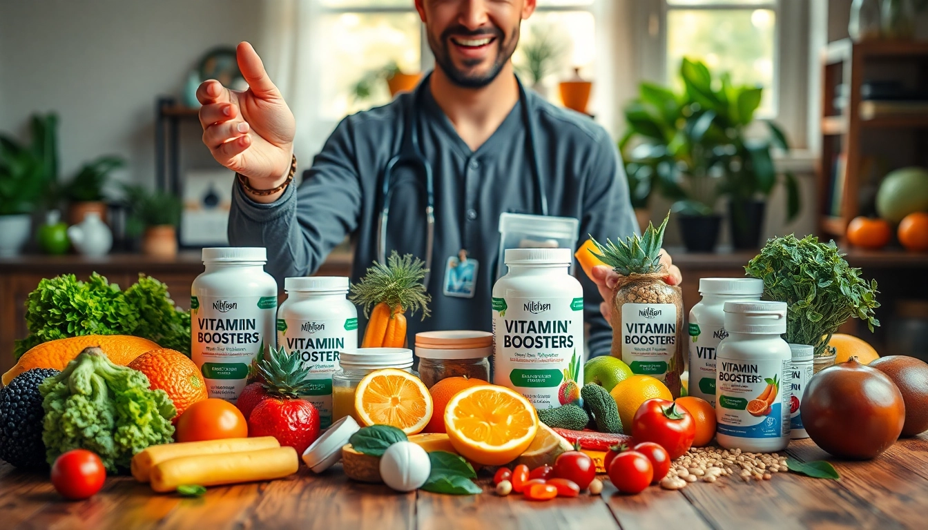 Explore vibrant Vitamin Boosters showcasing fresh ingredients and supplements for health benefits.