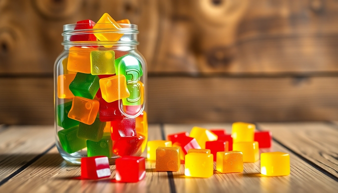 Cate a variety of colorful CBD Gummies arranged appealingly on a rustic table.