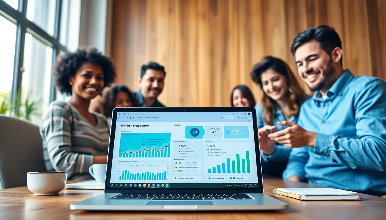 Explore the features of Membership Software through a vibrant interface in a modern workspace.