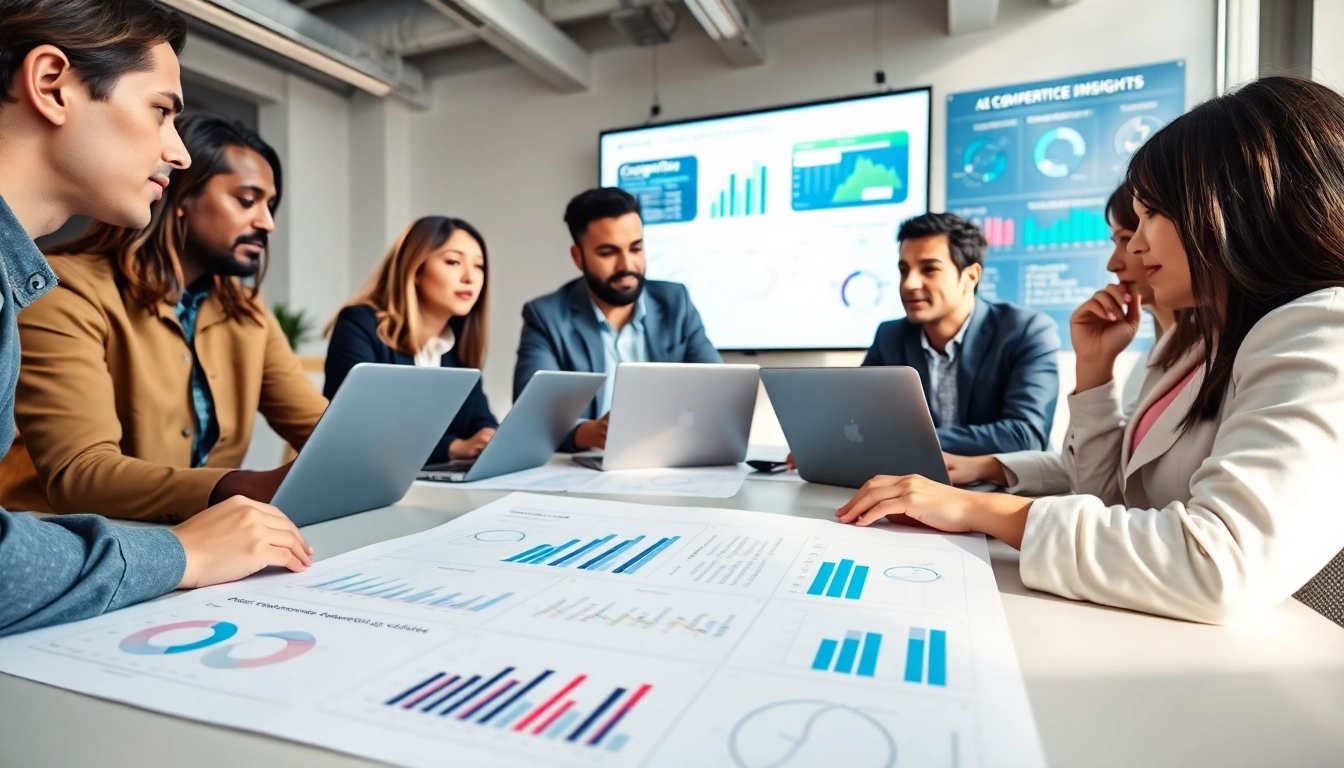 Using ai prompts for competitor analysis in a vibrant business meeting scene.