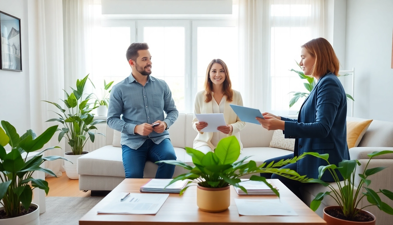 Engaged couple speaking with a real estate agent about i want to sell my house urgently.