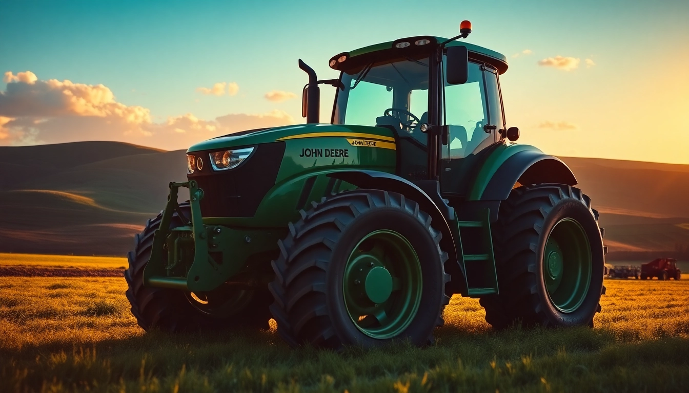 John Deere Traktor in einer grünen Landschaft, perfekt beleuchtet während der goldenen Stunde.
