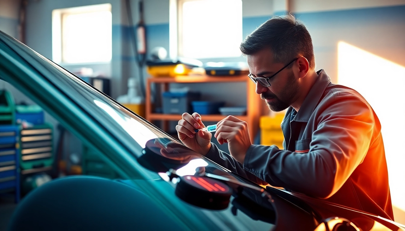 Windshield repair technician applying resin to fix a crack in a windshield in a bright garage.