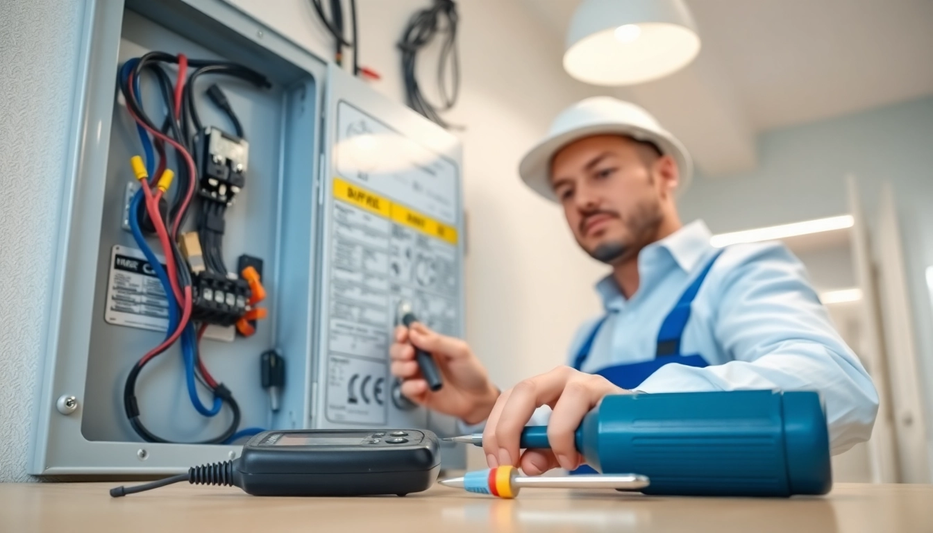 Electrician conducting an Electrical Panel Upgrade inspection in a well-lit utility room.