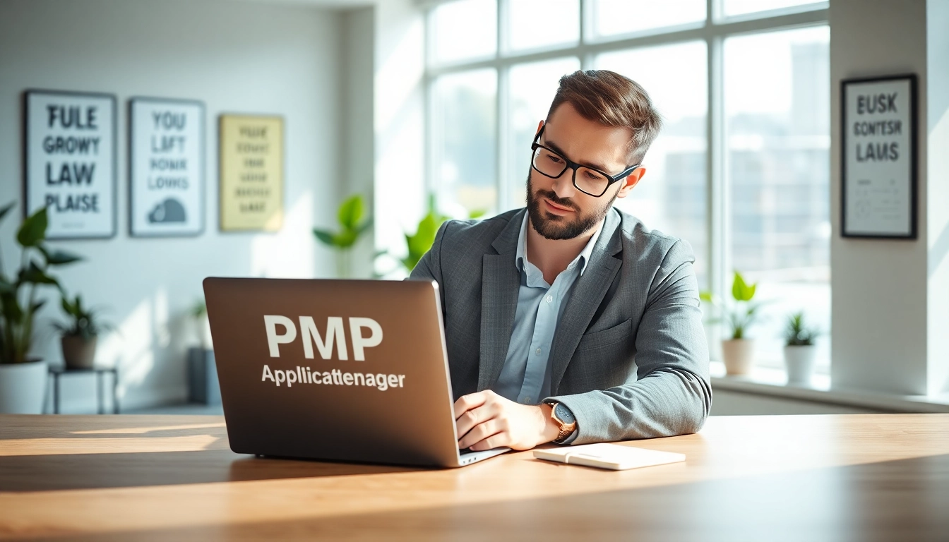 Filling PMP Application in a focused office setting with a project manager at a modern desk.