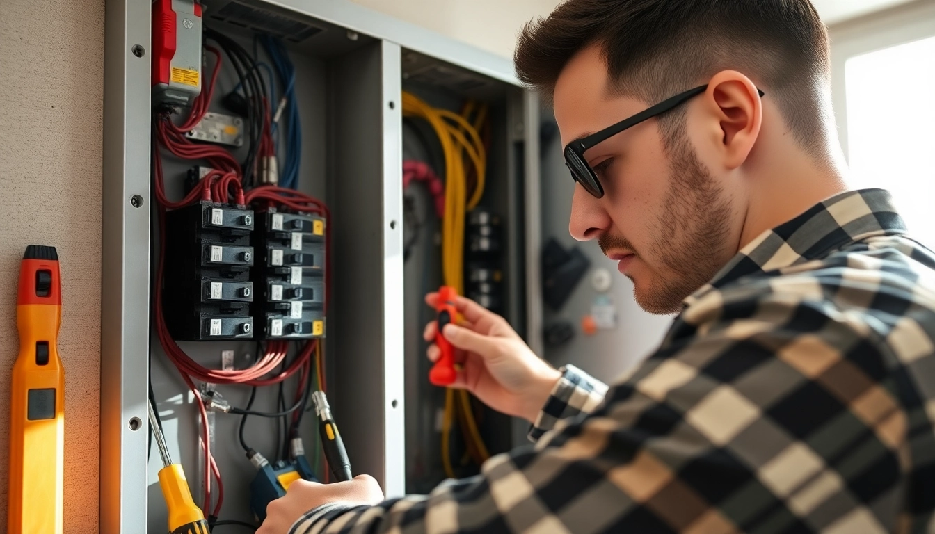Electrician performing an Electrical Panel Upgrade with tools and wires visible in a modern setting.
