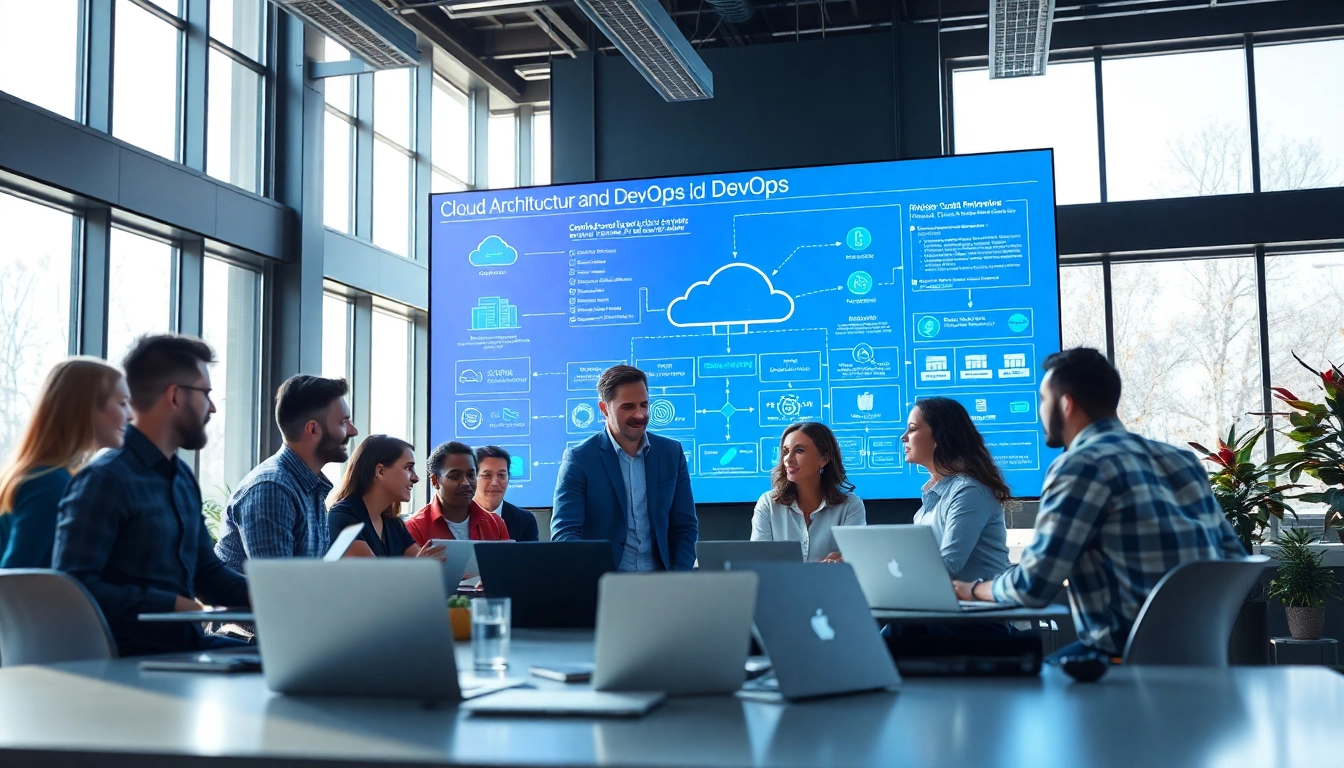 Team engaging with cloud infrastructure and DevOps services in an energetic, modern office setting.