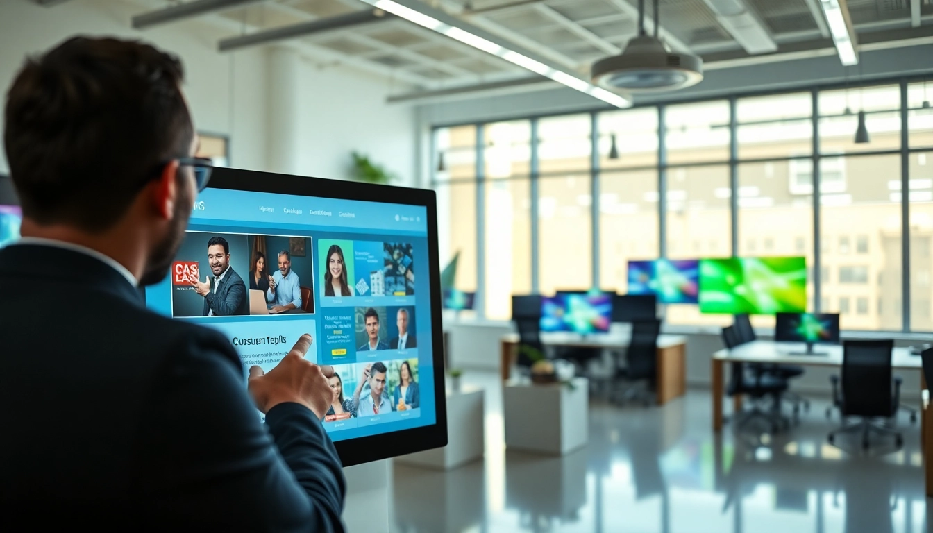 Engage with digital signage CMS on an interactive touchscreen in a vibrant office.