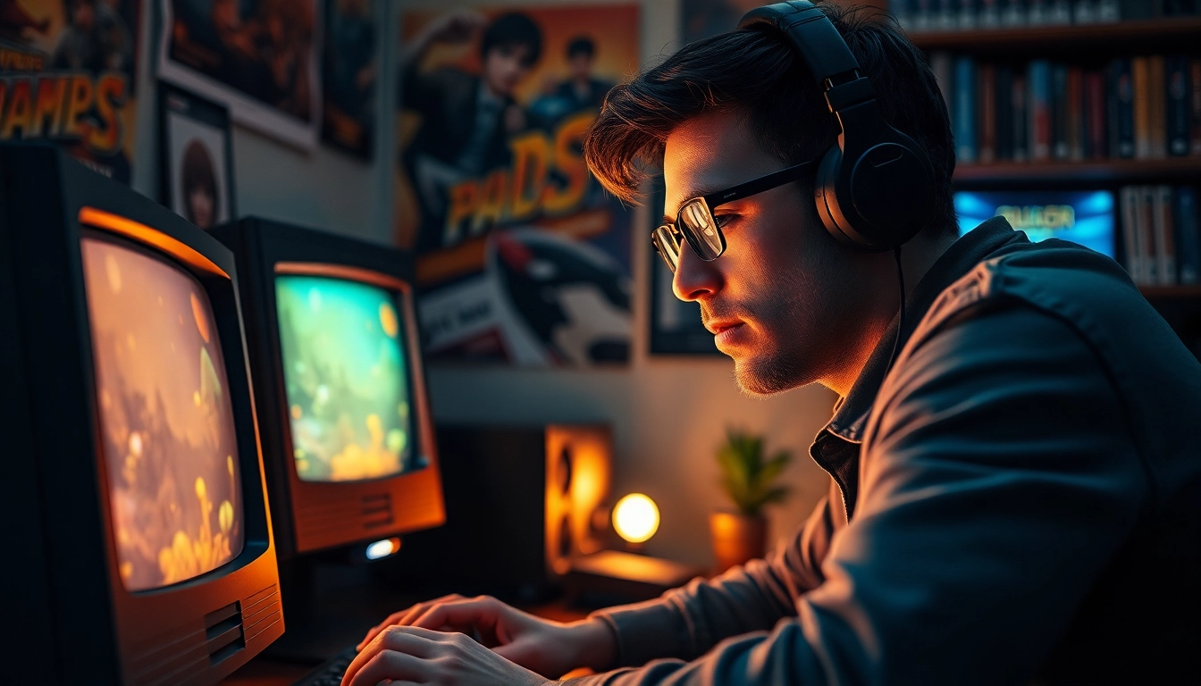 Play DOS games with a dedicated gamer at a vintage computer, radiating nostalgia.