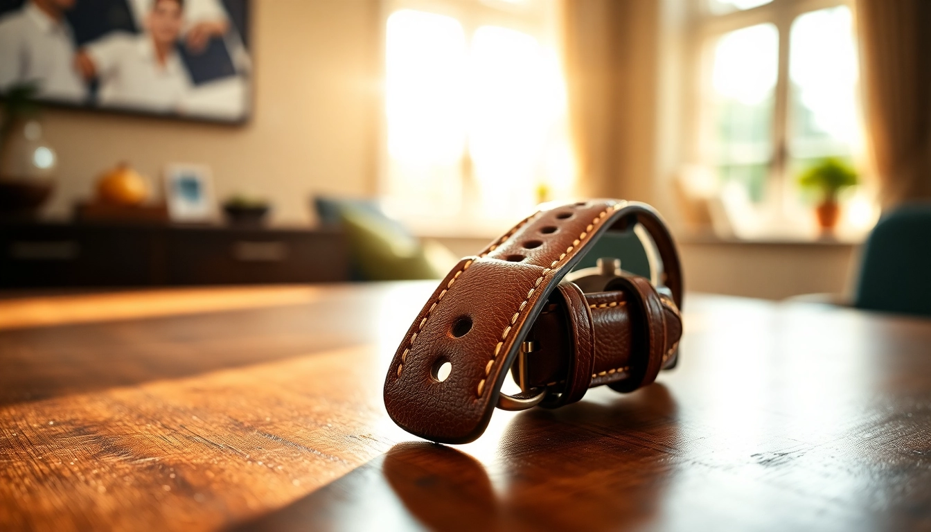 Stylish watch strap with intricate details on a wooden table.