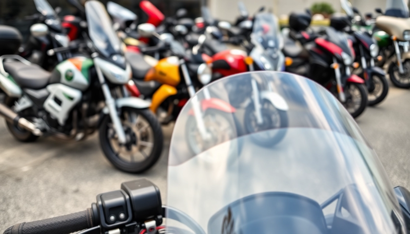 Explore premium motorcycle windshields enhancing modern motorcycle designs in a vibrant outdoor setting.