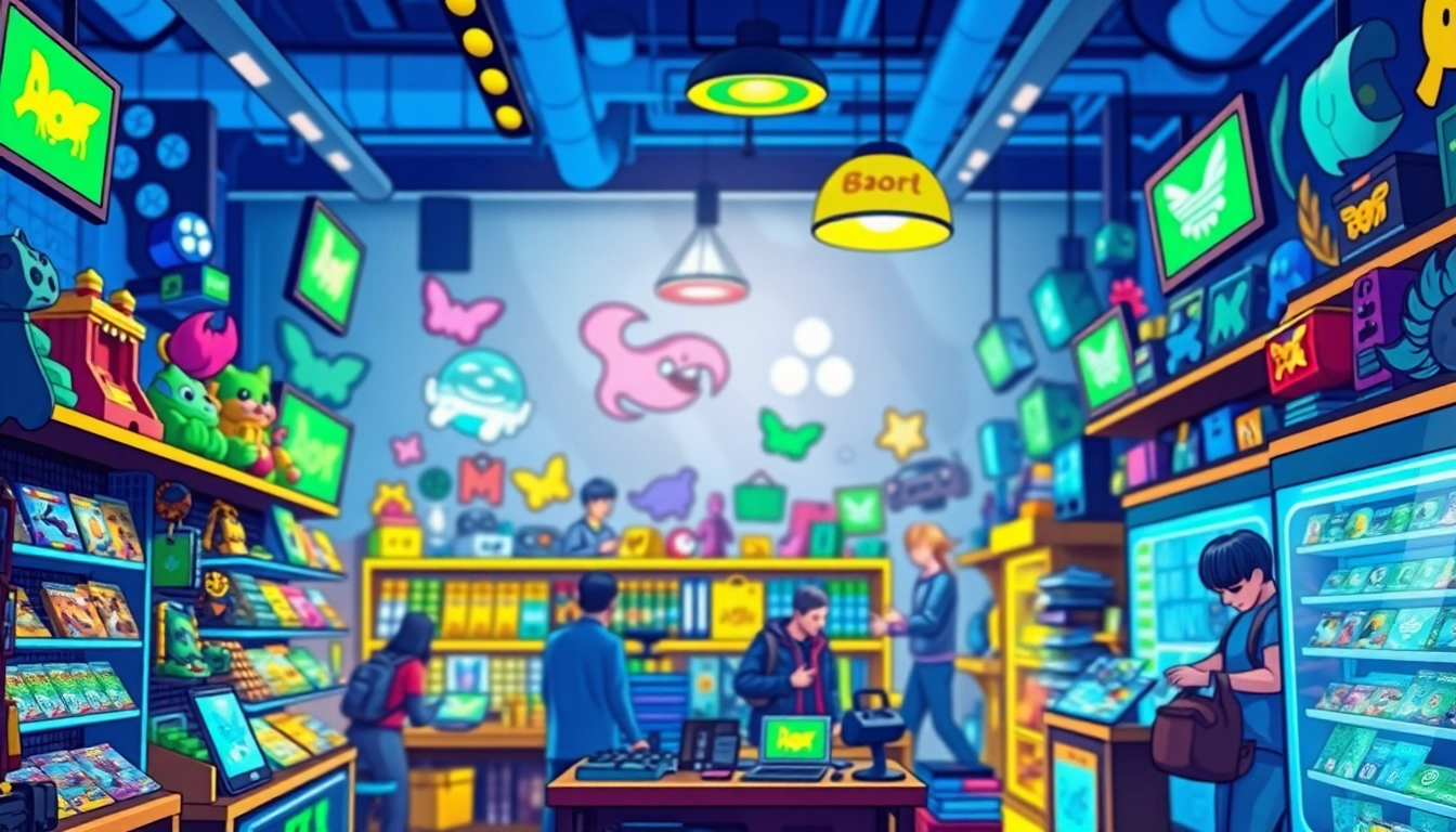 Tampilkan item menarik dari Game Items shops dengan suasana toko yang ramai dan penuh warna.
