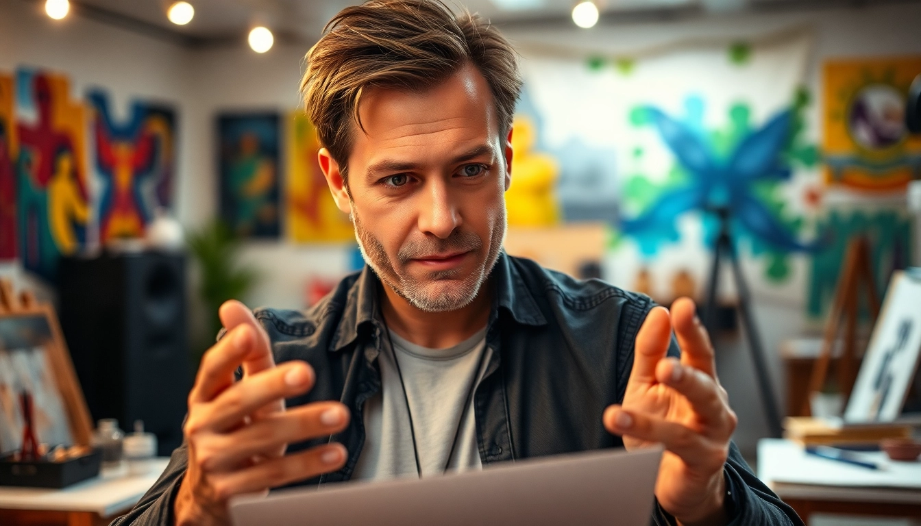 Jon Kline engaged in a creative activity in a vibrant studio setting.