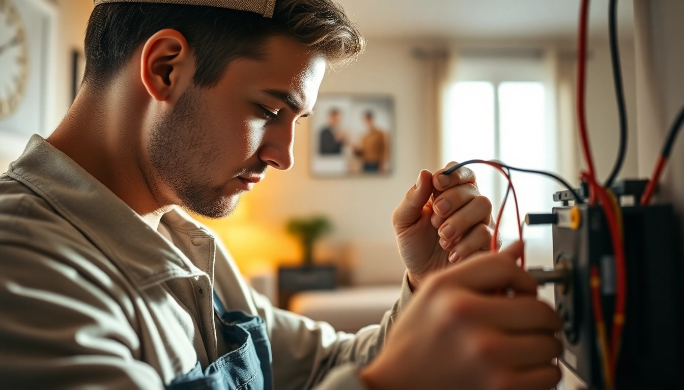 Electrician expertly wiring a circuit in a modern home setting, showcasing professionalism and skill.
