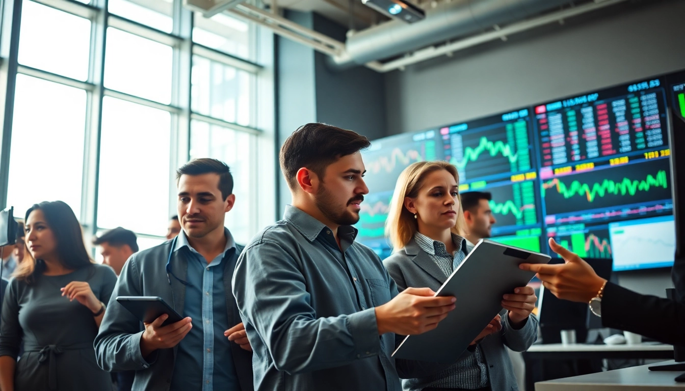 Retail traders collaborating in a modern office, analyzing market trends and data.