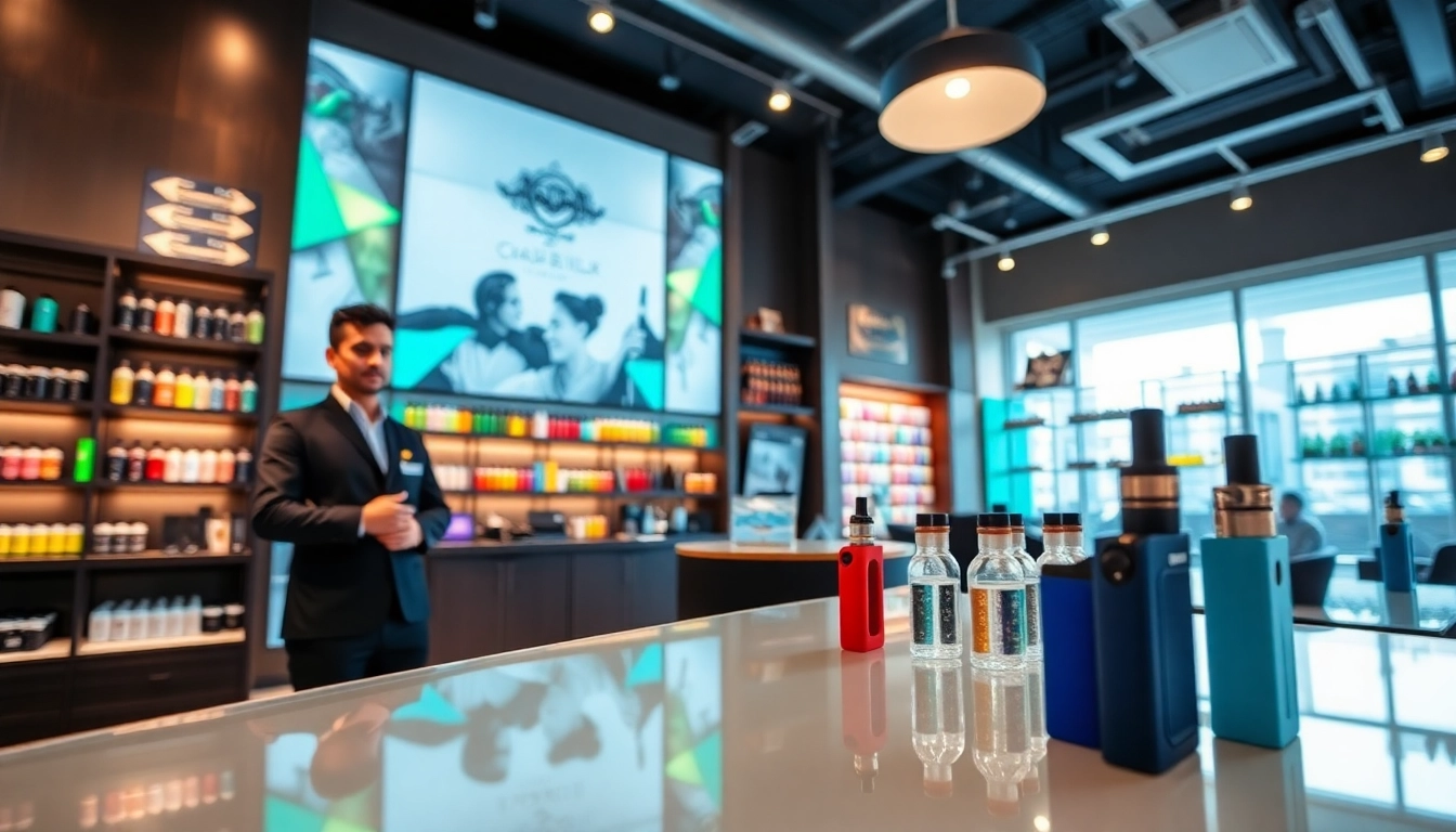 Shop layout at a Vape Shop Dubai showcasing vibrant displays and customer interaction.