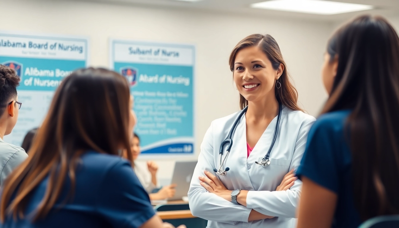 Educators discussing the Alabama Board of Nursing in a classroom setting, fostering nursing knowledge.