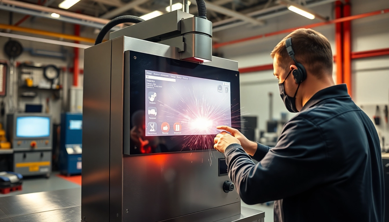 Laser cleaning machine being operated by a technician in a modern workshop