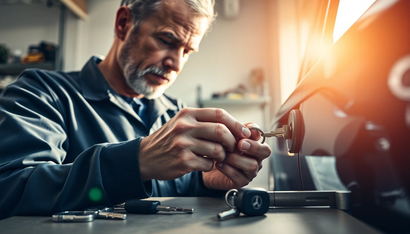 Skilled locksmith working on lost car keys replacement in a bright garage.