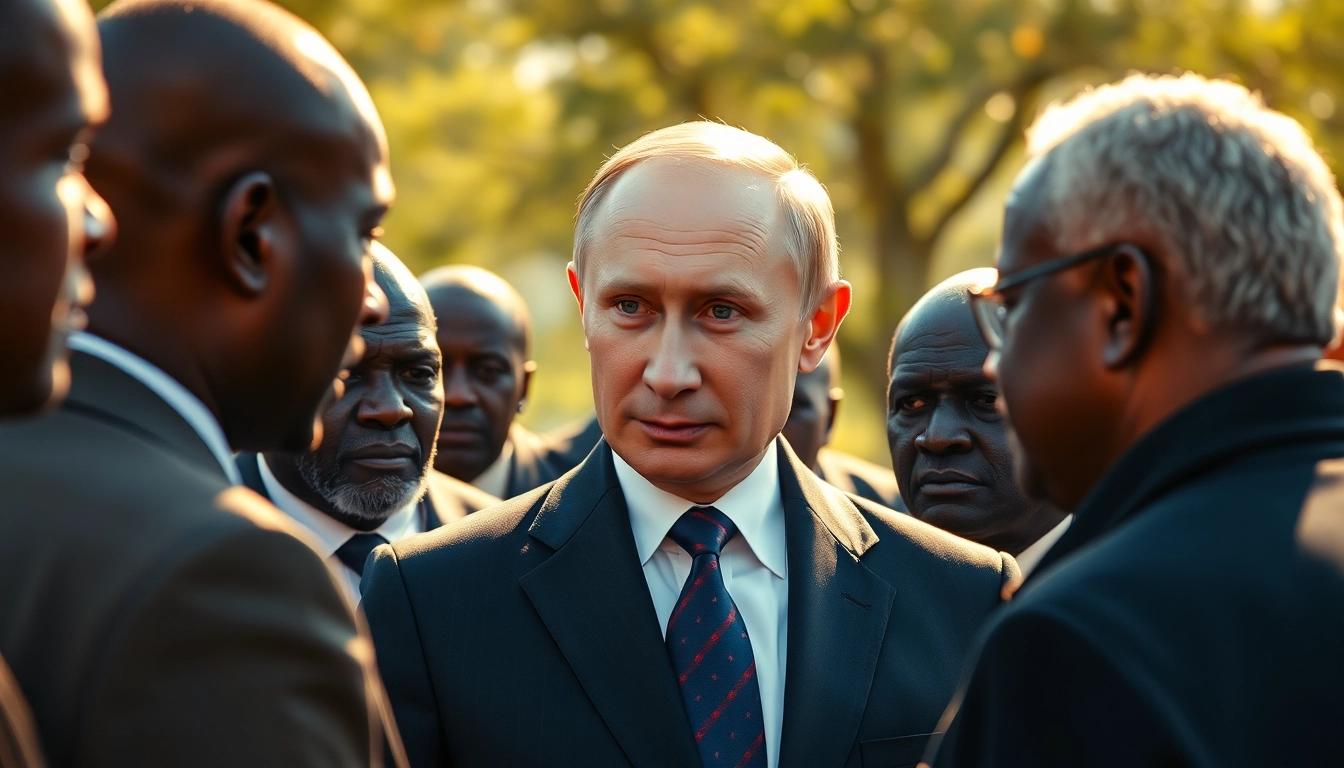 Showcasing Russian influence in Africa, Vladimir Putin converses with African leaders outdoors.