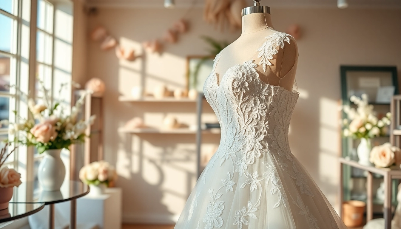 Bridal gowns Winnipeg showcased elegantly in a light-filled boutique with floral decor.