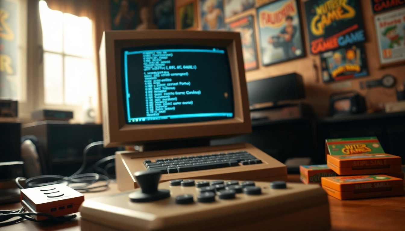Play DOS games on a vintage computer setup with joystick and vibrant game cartridges.