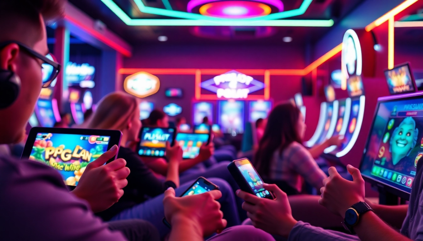 Experience thrilling pgslot games with diverse players enjoying vibrant online gaming.
