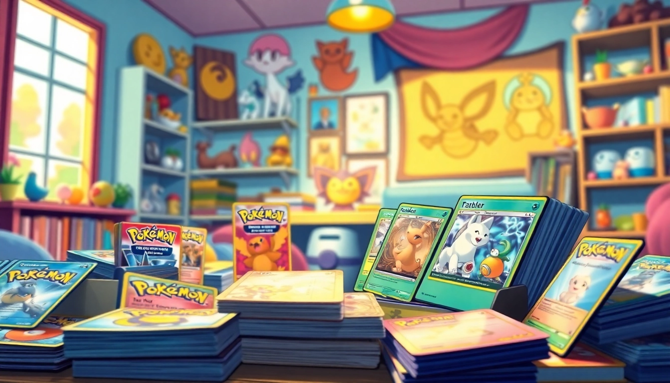 Showcasing Pokémon TCG in India with vibrant cards, booster packs, and collectibles in a gaming room.