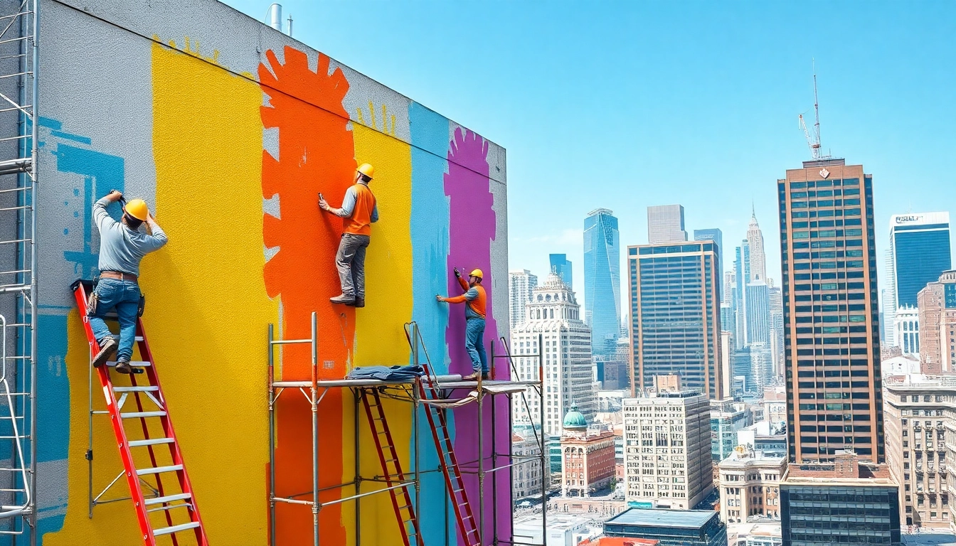Skilled commercial painting contractors enhancing a large building's exterior with vibrant colors.