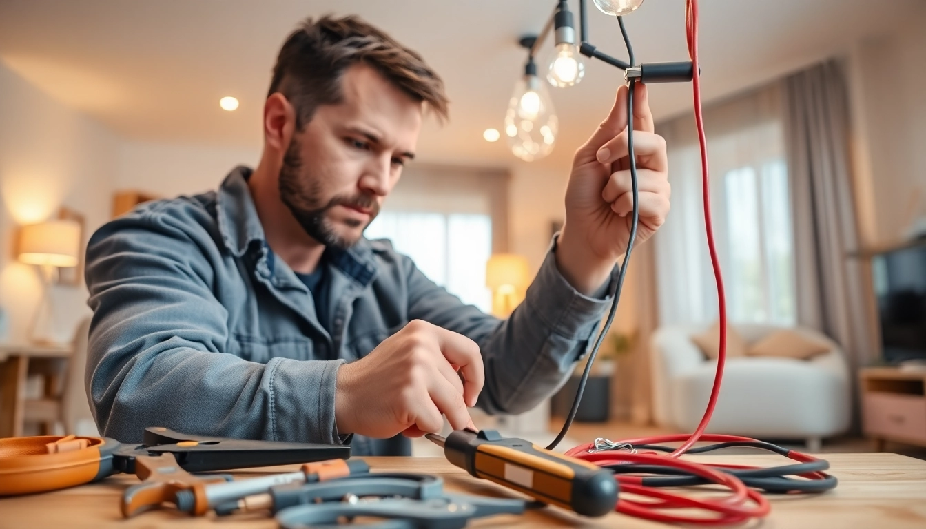Electrician installing lighting fixtures in a residential setting, showcasing professionalism and expertise.