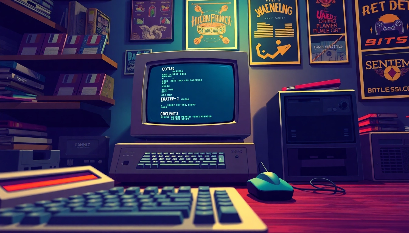 Play DOS games on a vintage computer setup surrounded by nostalgic gaming items.