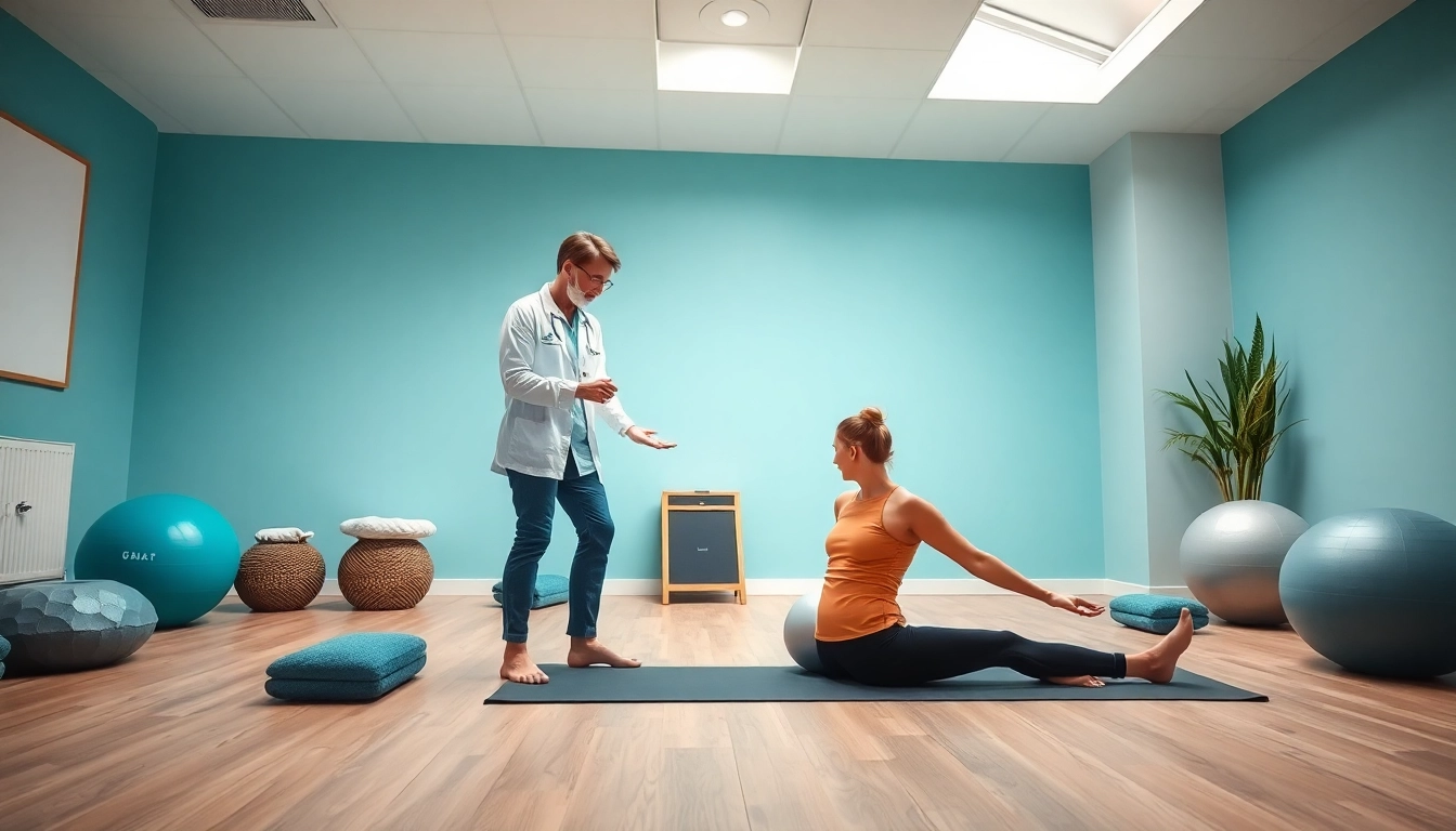 Übungen gegen Rückenschmerzen im Therapiezimmer mit einem Physiotherapeuten und Patienten.