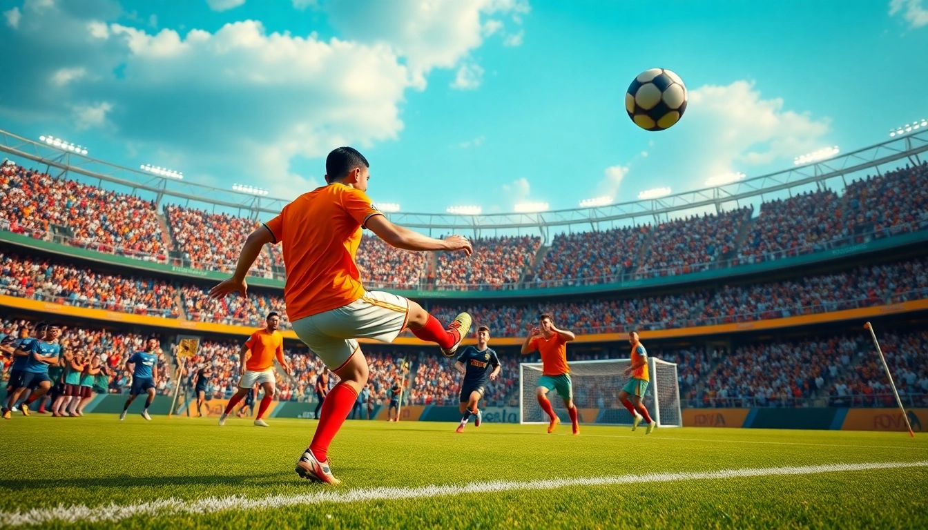 Sepakbolacc game dengan pemain beraksi di lapangan, menunjukkan ketegangan dan semangat.