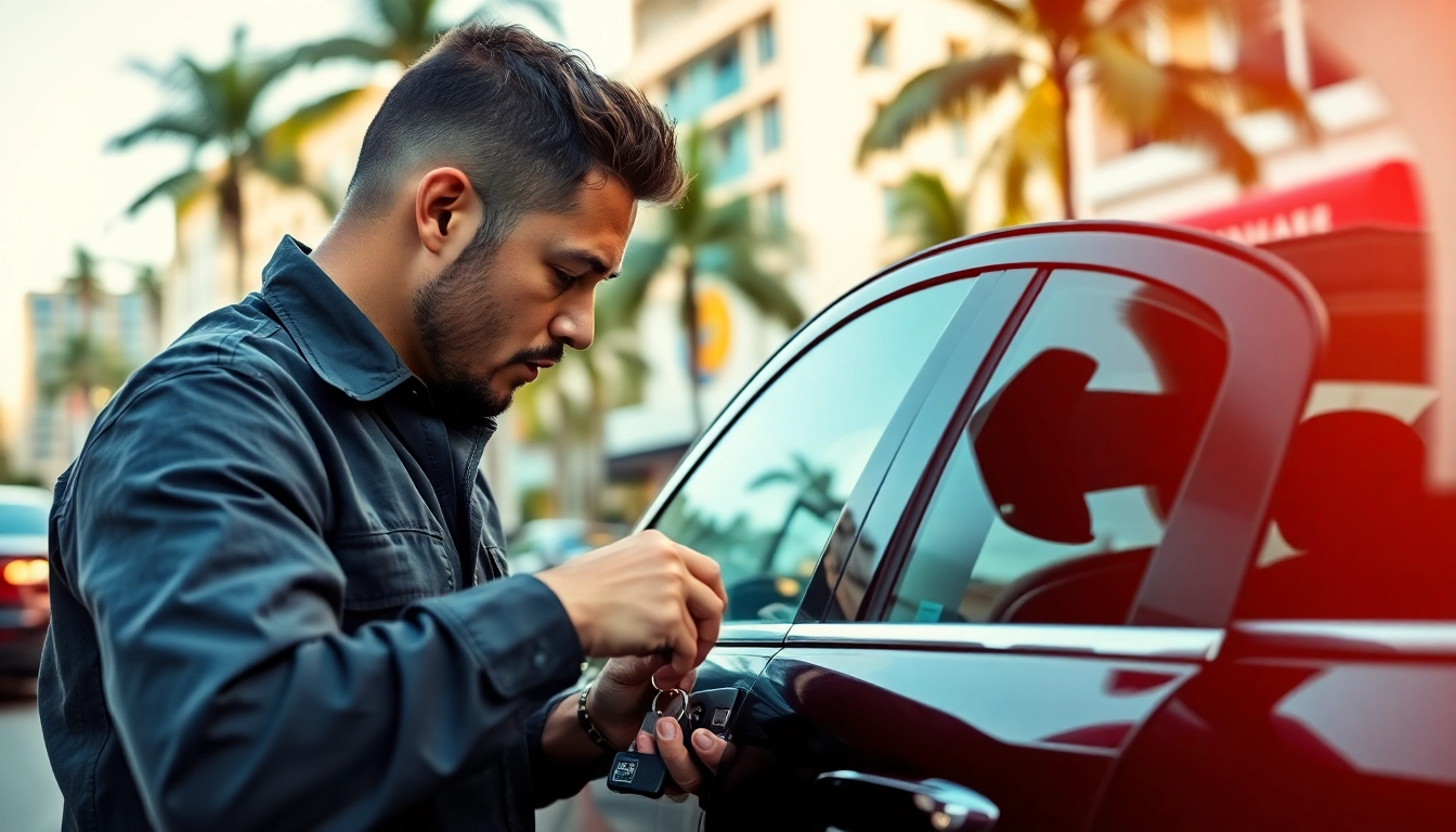 Carballo Locksmith technician unlocking a car door in vibrant Miami streets.