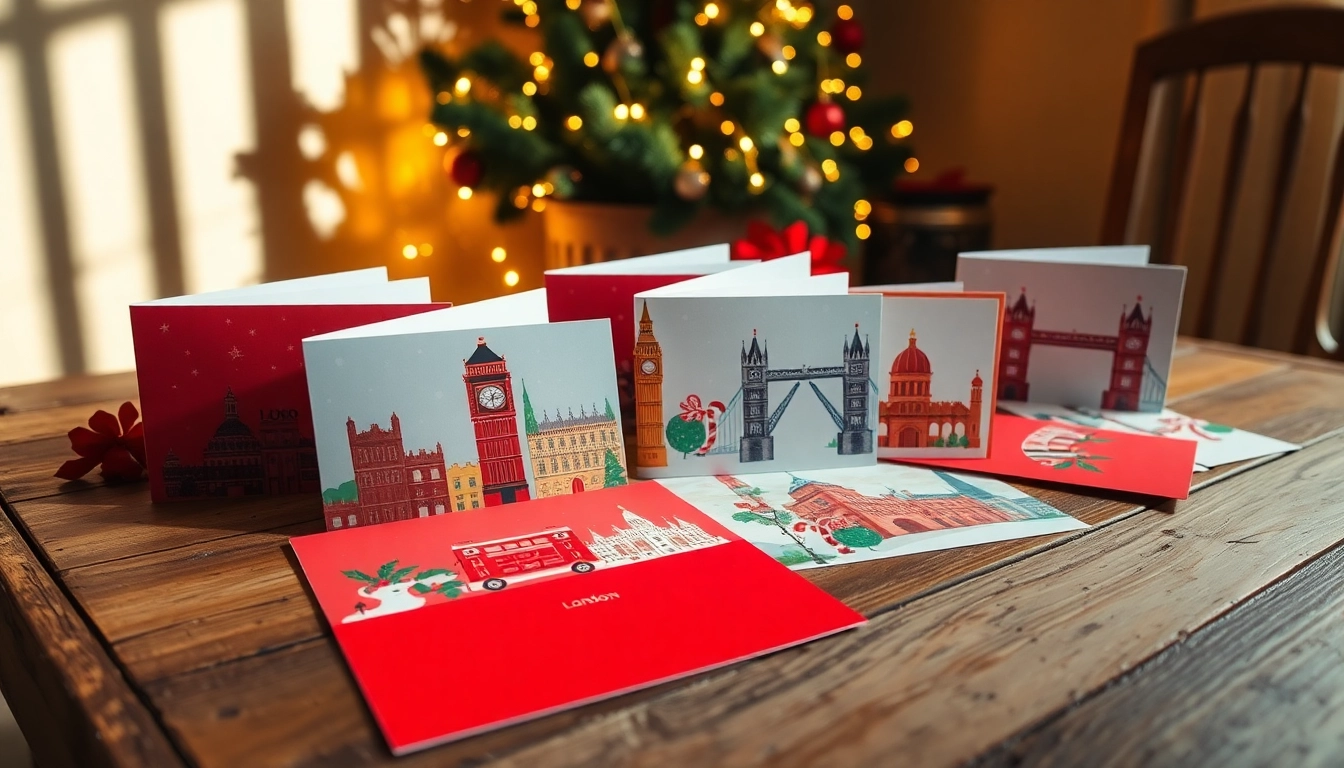 Showcase of Christmas cards London featuring iconic landmarks and festive decorations.