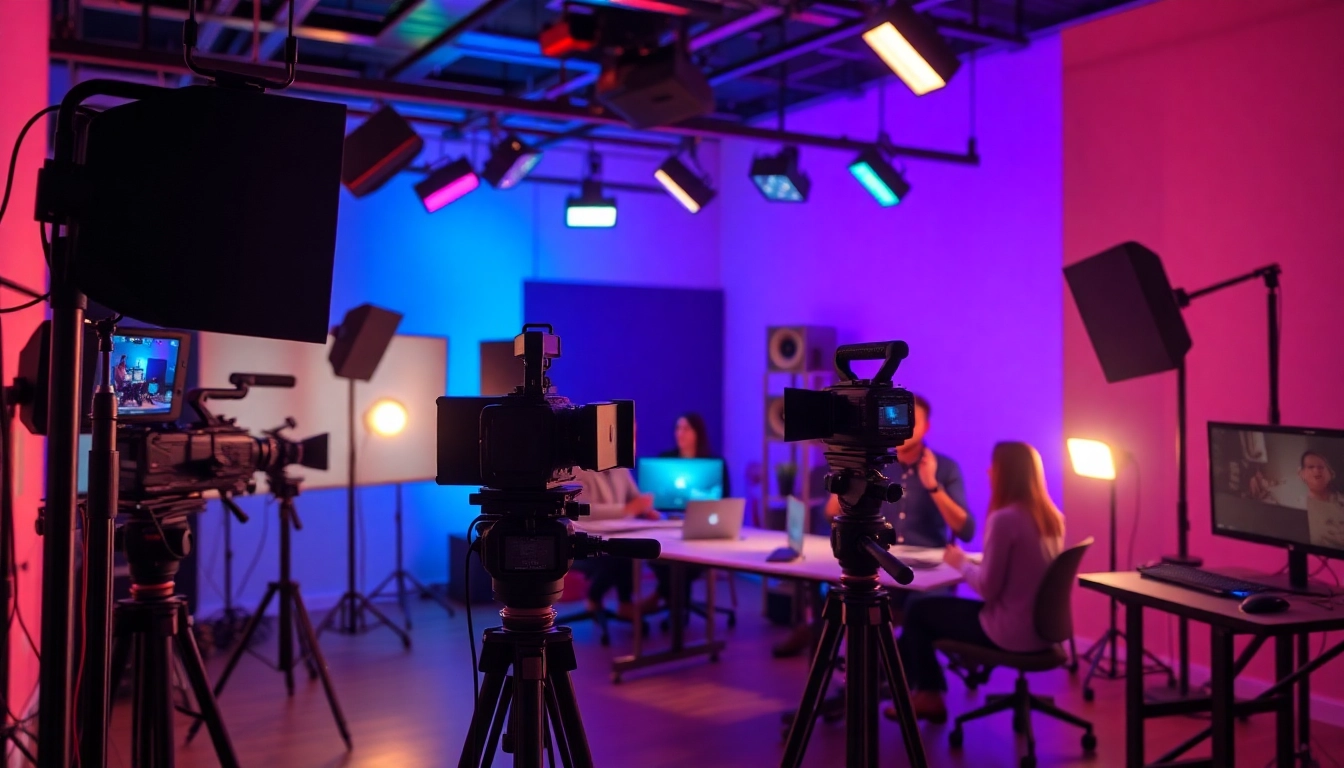 영상업체 team creating captivating promotional videos in a dynamic studio setting.