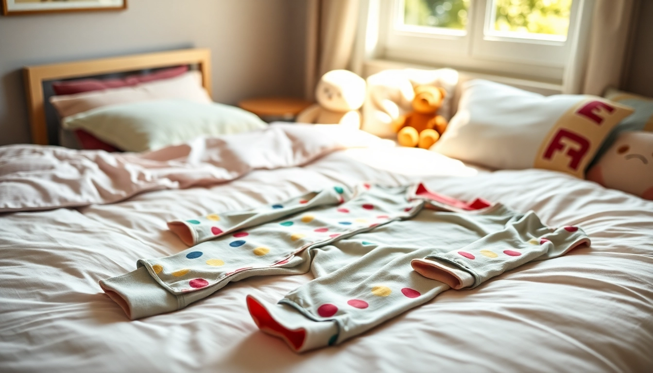 Shop bamboo pajamas featuring a vibrant design laid out in a cozy bedroom setting.