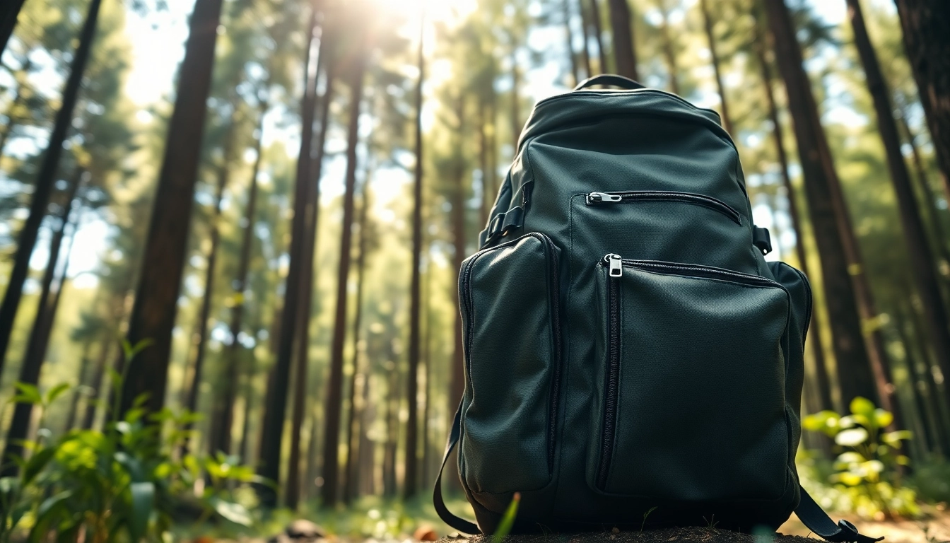 Rucksack günstig kaufen – eleganter Rucksack in einem Wald, detailreich und einladend.
